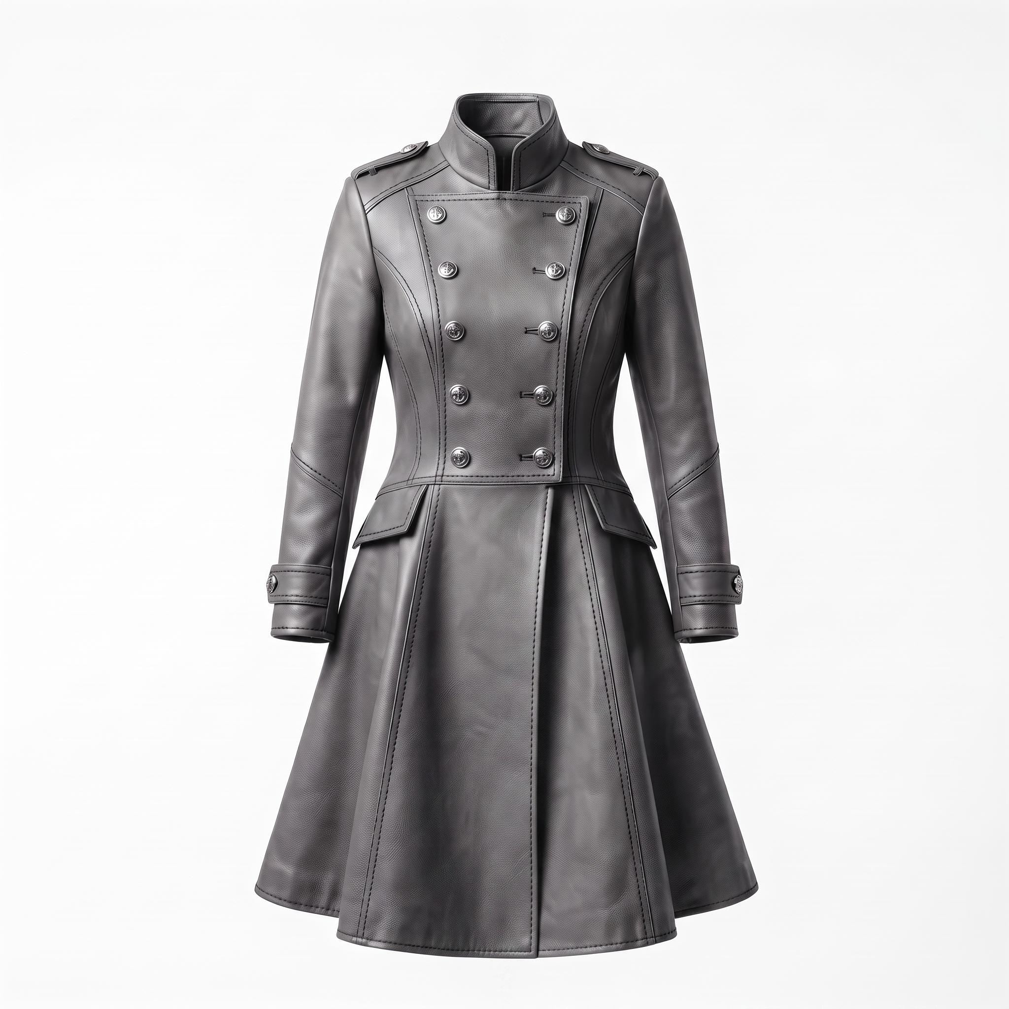 Grey Leather Military Coat, Double Breasted Gothic Victorian Jacket