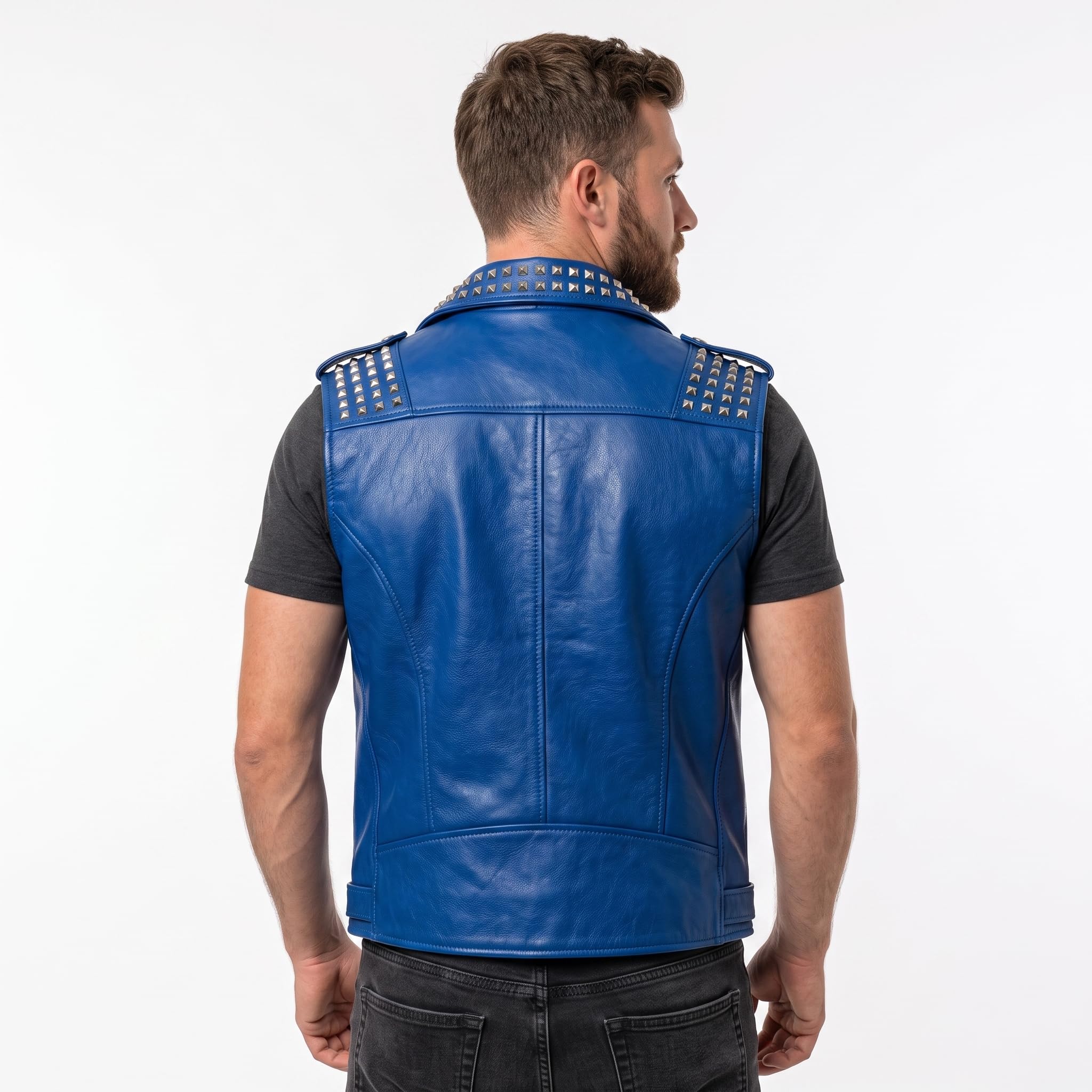 Timber&Hide Men's Genuine Leather Motorcycle Biker Vest – Classic Double Rider Style with Studded Shoulders