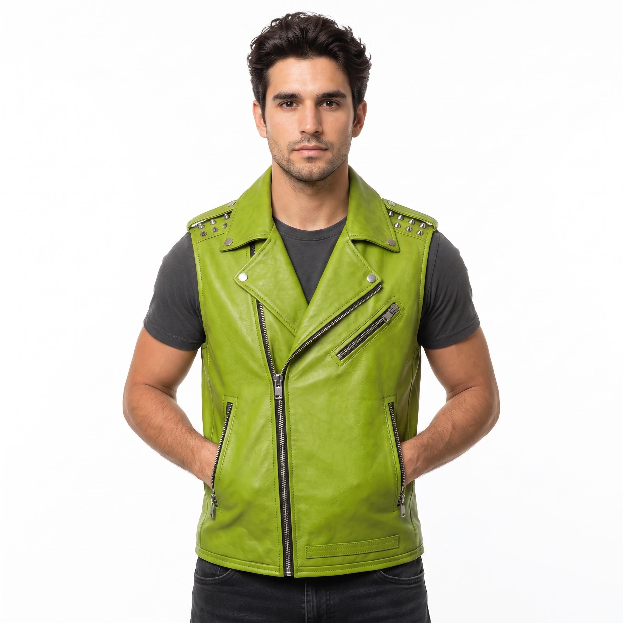Men's Genuine Leather Biker Vest – Studded Double Rider Motorcycle Jacket