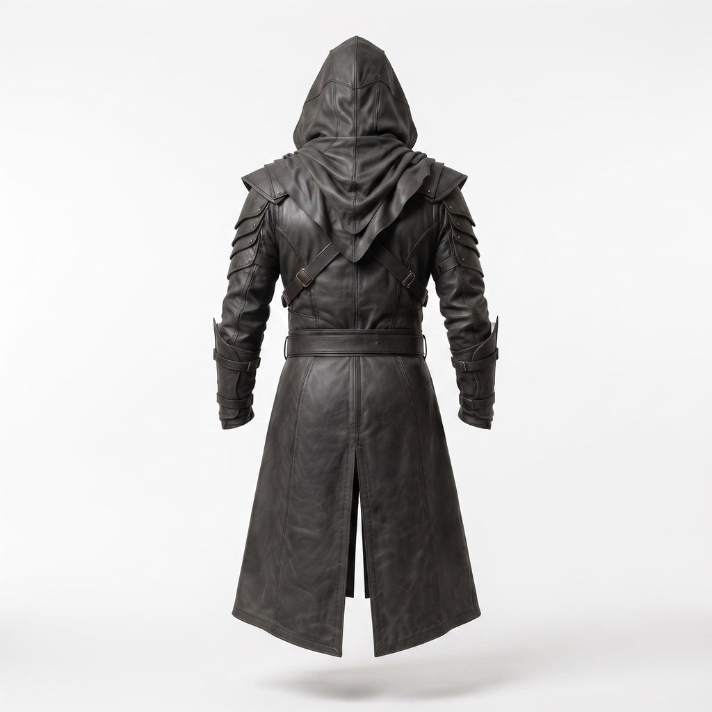 Men's Hooded Leather Assassin Coat | Medieval Ranger Trench LARP Cosplay Jacket