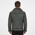 Timber&Hide Black Suede Lamb Shearling Biker Jacket with Buckle Collar – Premium Suede Shearling Jacket