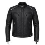 Brown Leather Biker Jacket with Sword Flame Graphic – Moto Punk Streetwear Coat