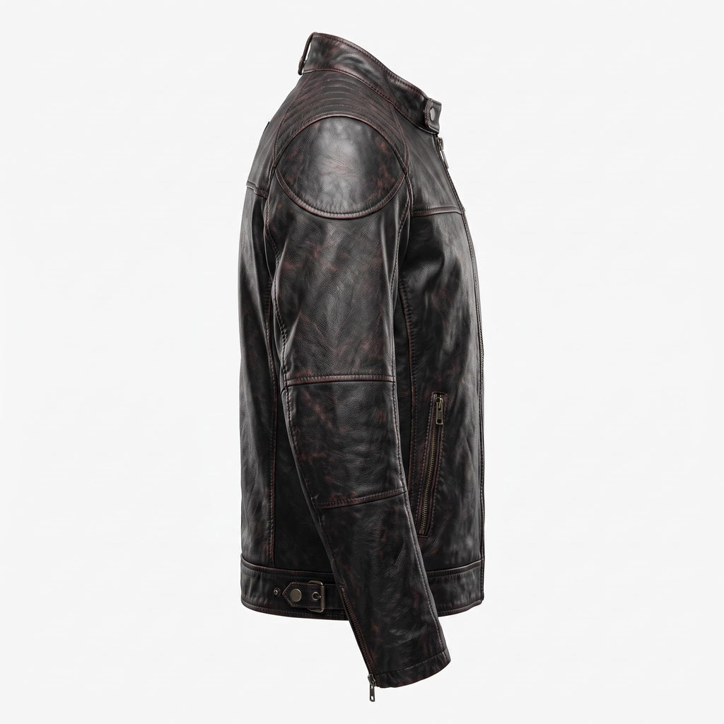 Men's Genuine Leather Black Biker Jacket with Eagle Back Patch, Handmade Vintage Cafe Racer Motorcycle Jacket