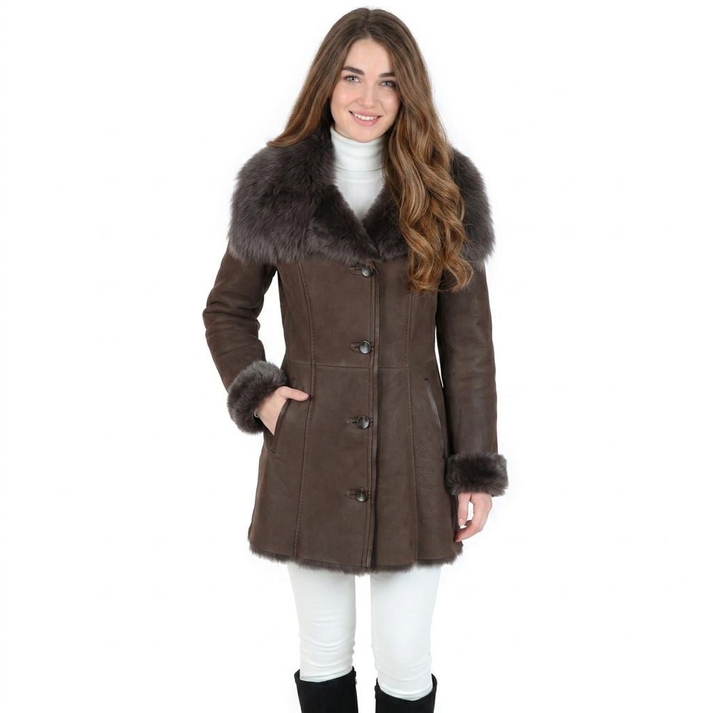 Women's Brown Shearling Leather Jacket, Faux Fur Collar Winter Coat