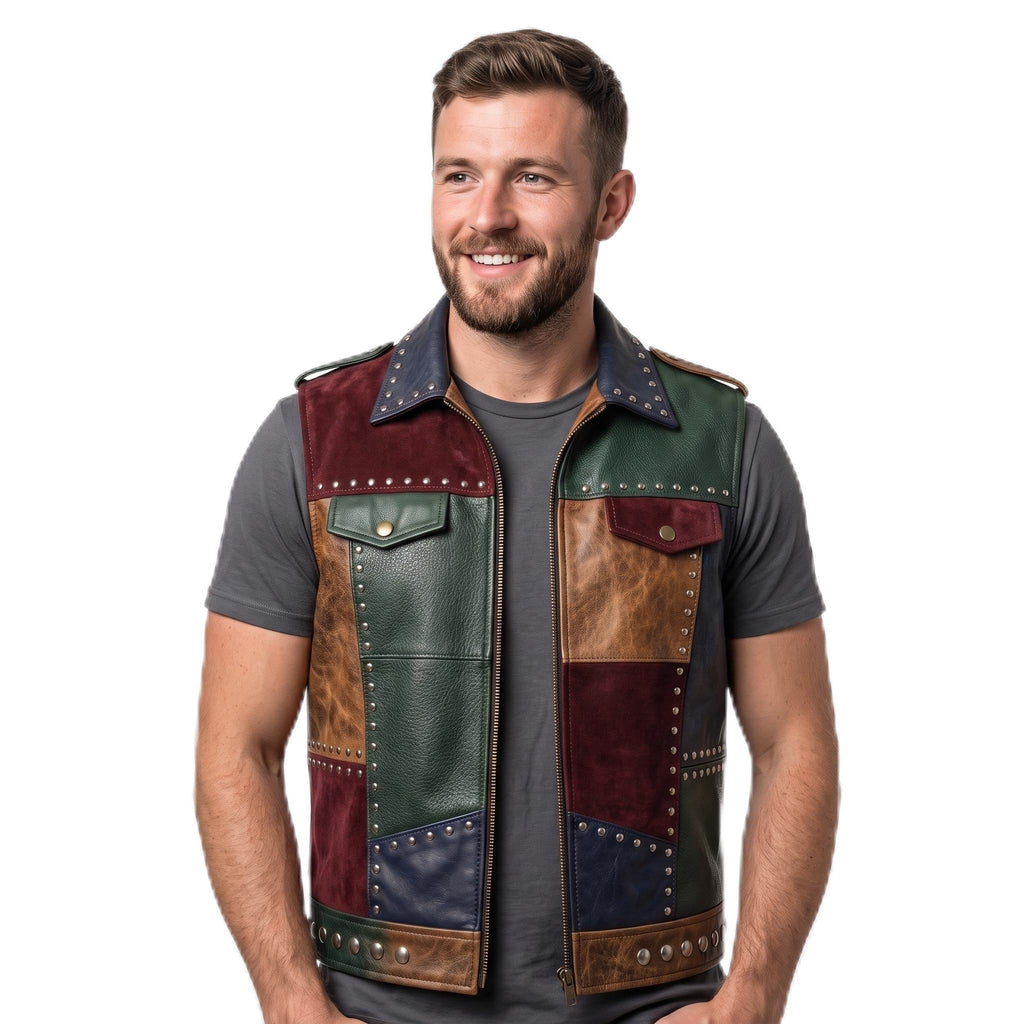 Timber&Hide Men's Patch Leather Vest | Printed Leather Jacket | Handmade Patchwork Leather Vest | Studded Biker Vest