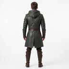 Men's Hooded Leather Assassin Coat: Dark Fantasy Ranger Trench Jacket