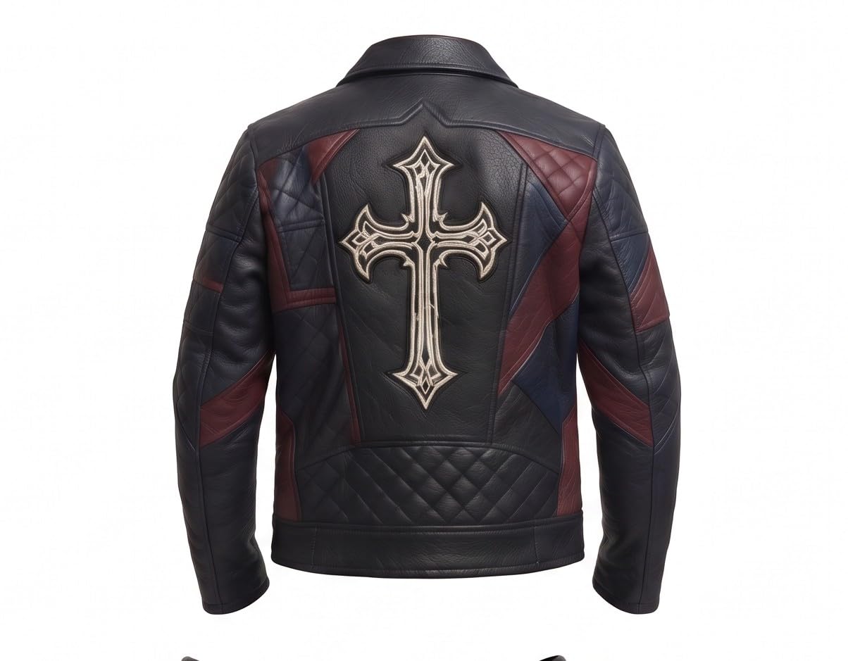 Timber&Hide Men’s Black Leather Biker style Moto jacket with Cross Design Gothic Punk Motorcycle Style