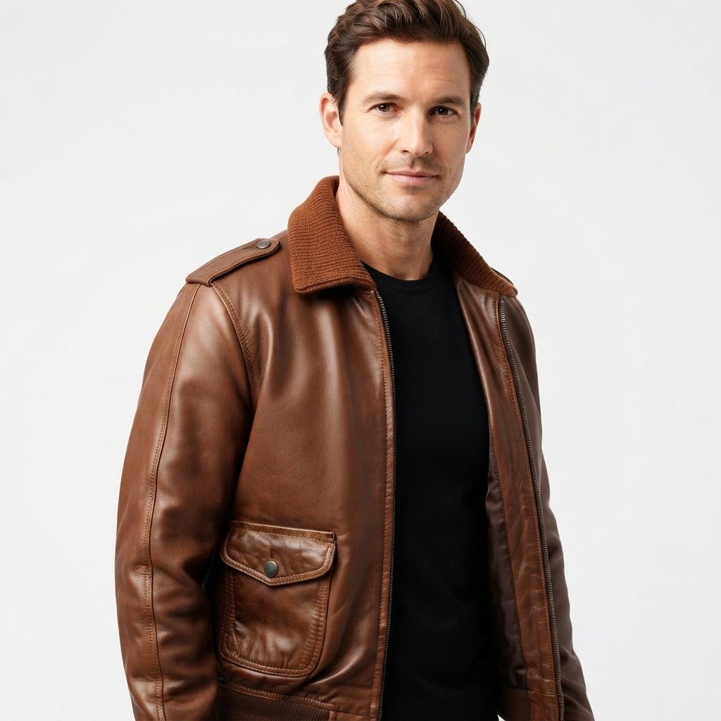 Aviator 90's Distressed Men Bomber Vintage Leather Jacket - Distressed Brown Bomber Jacket - Timber AND Hide