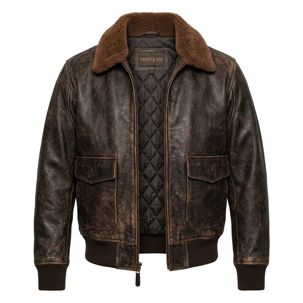 Aviator G1 Distressed Men’s Bomber Leather Jacket – Brown - Timber AND Hide