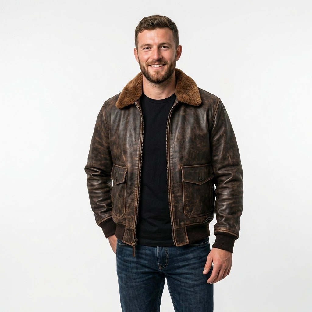 Aviator G1 Distressed Men’s Bomber Leather Jacket – Brown - Timber AND Hide