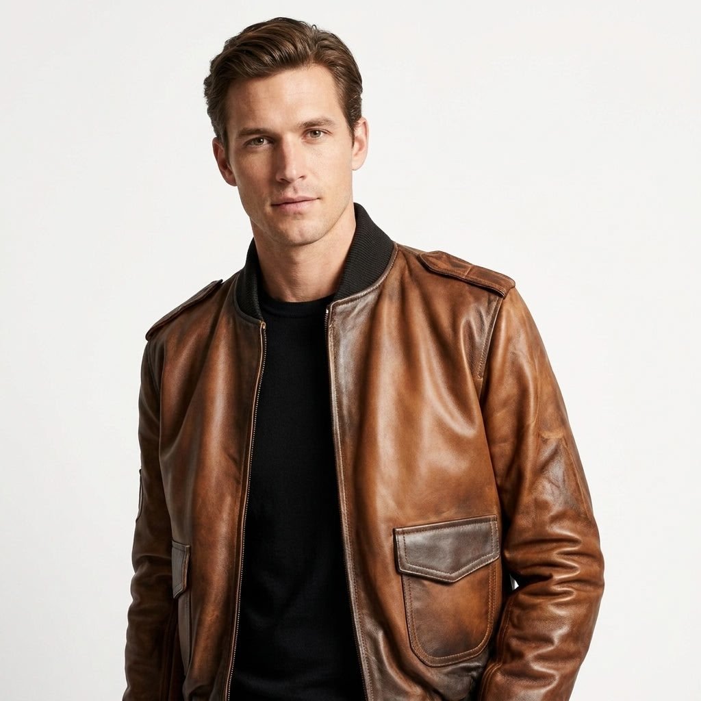 Aviator G1 Distressed Men’s Bomber Vintage Leather Jacket – Distressed Brown - Timber AND Hide