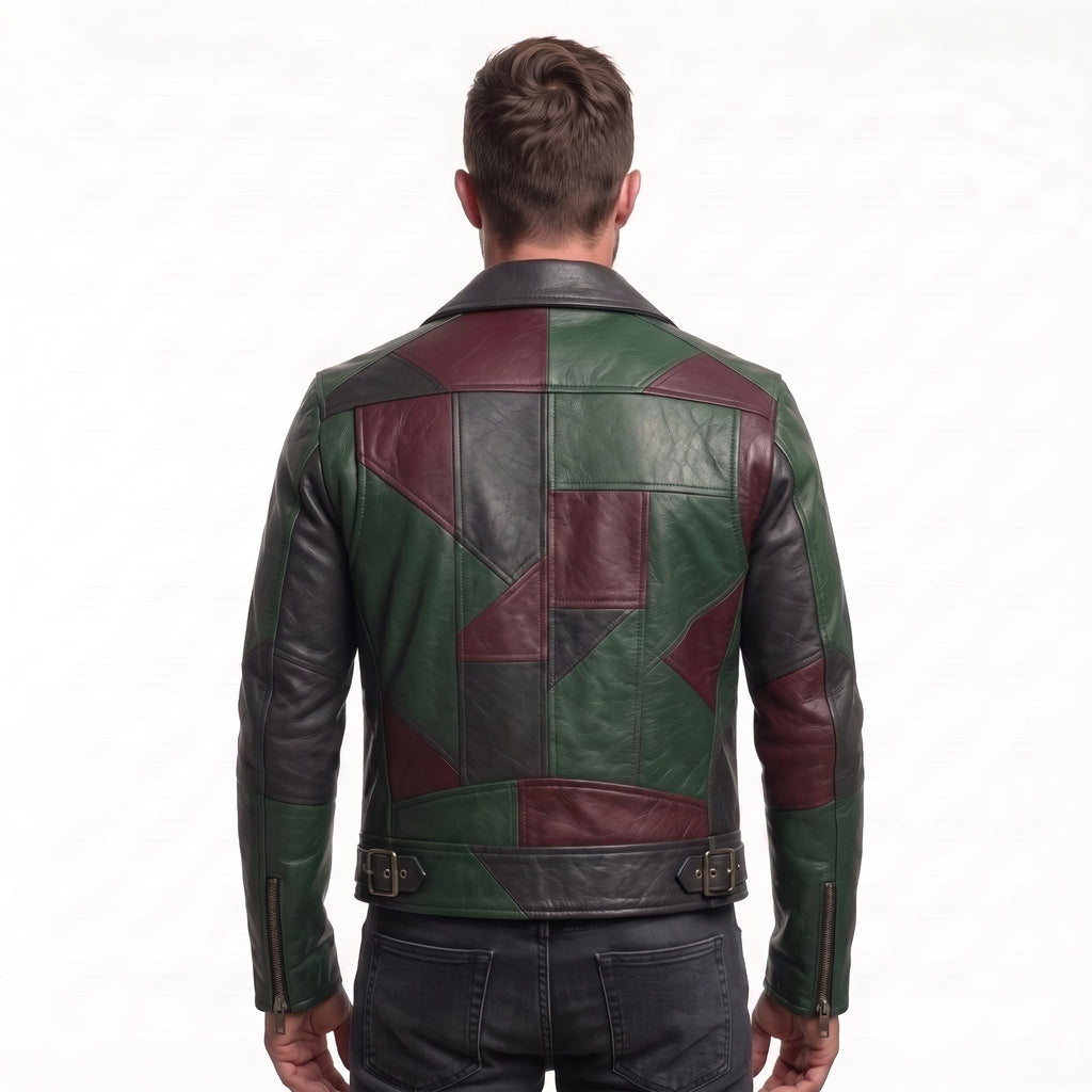 Timber&Hide Men's Leather Biker Moto Jacket | Gothic Cross Design | Embroidered Patch jacket