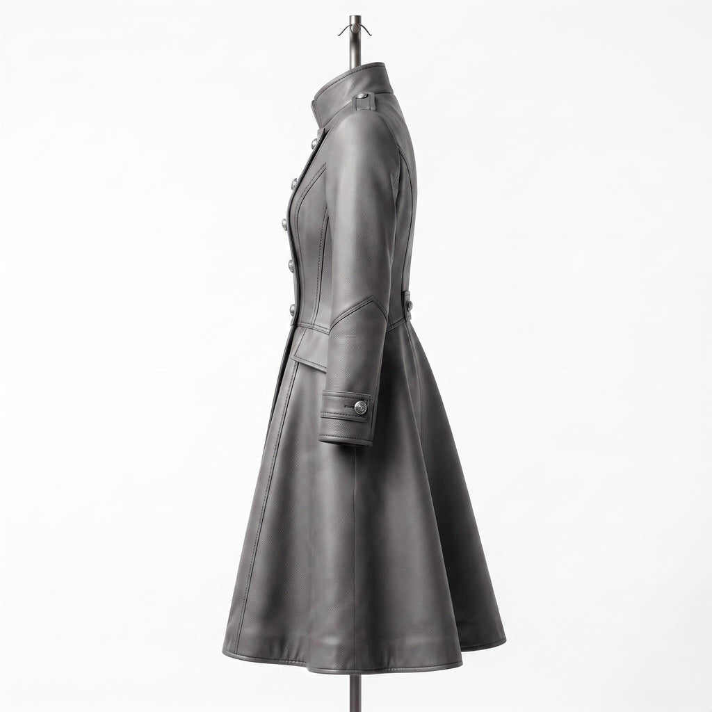 Grey Leather Military Coat, Double Breasted Gothic Victorian Jacket
