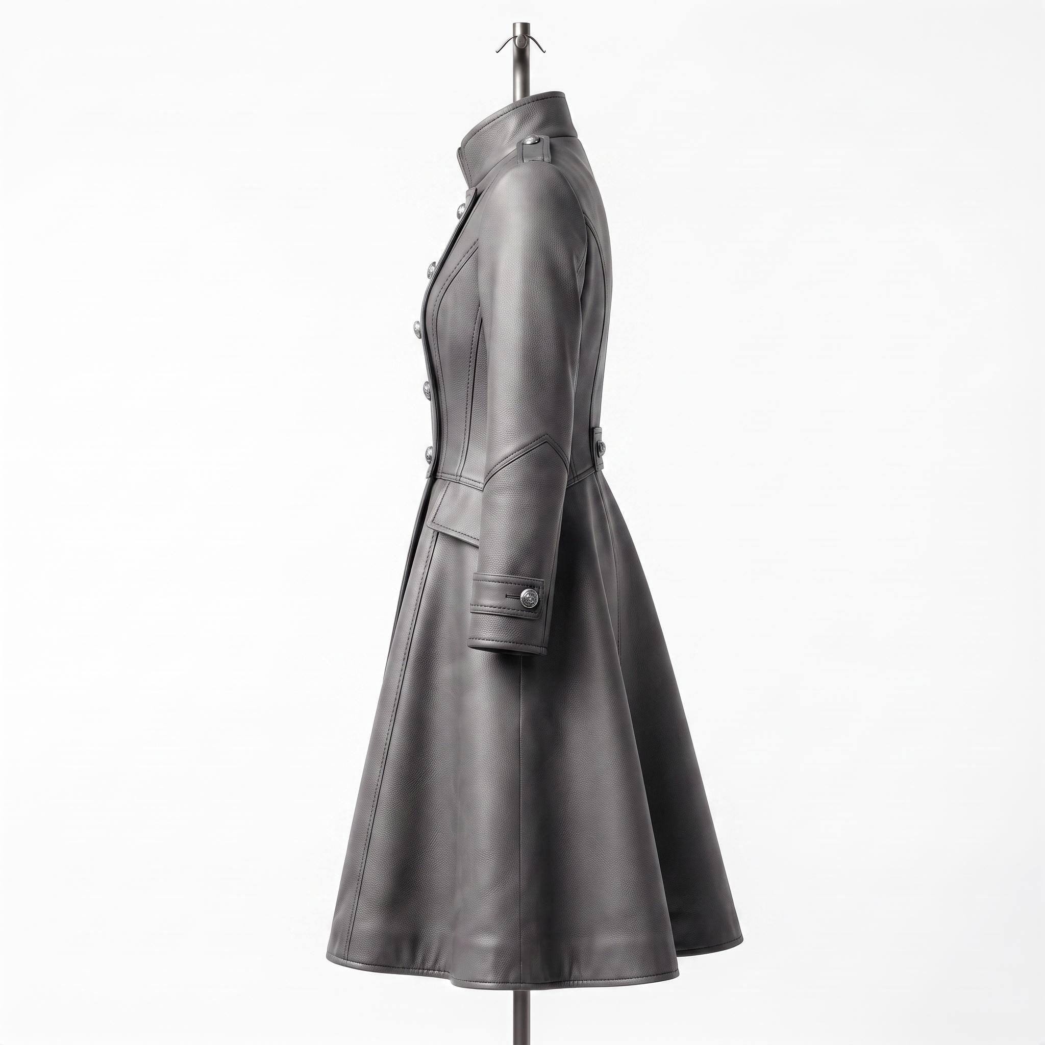 Grey Leather Military Coat, Double Breasted Gothic Victorian Jacket