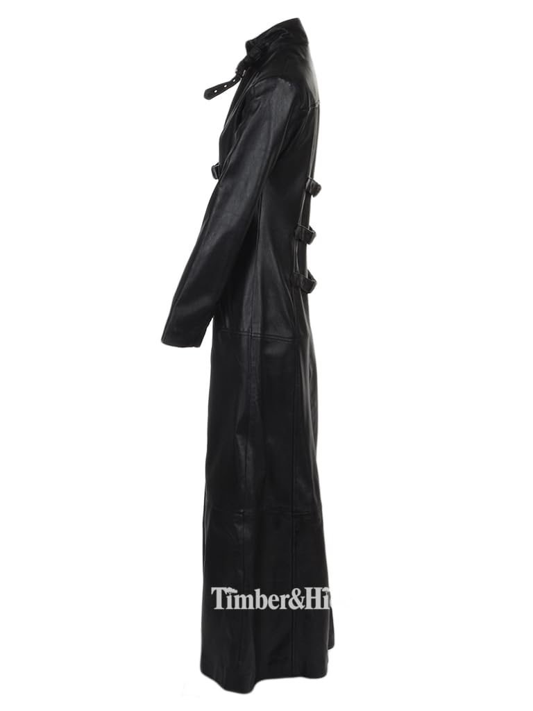 Women's Long Black Leather Trench Coat