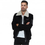 Premium Leather Aviator Jacket with Detachable Collar Black/Cream