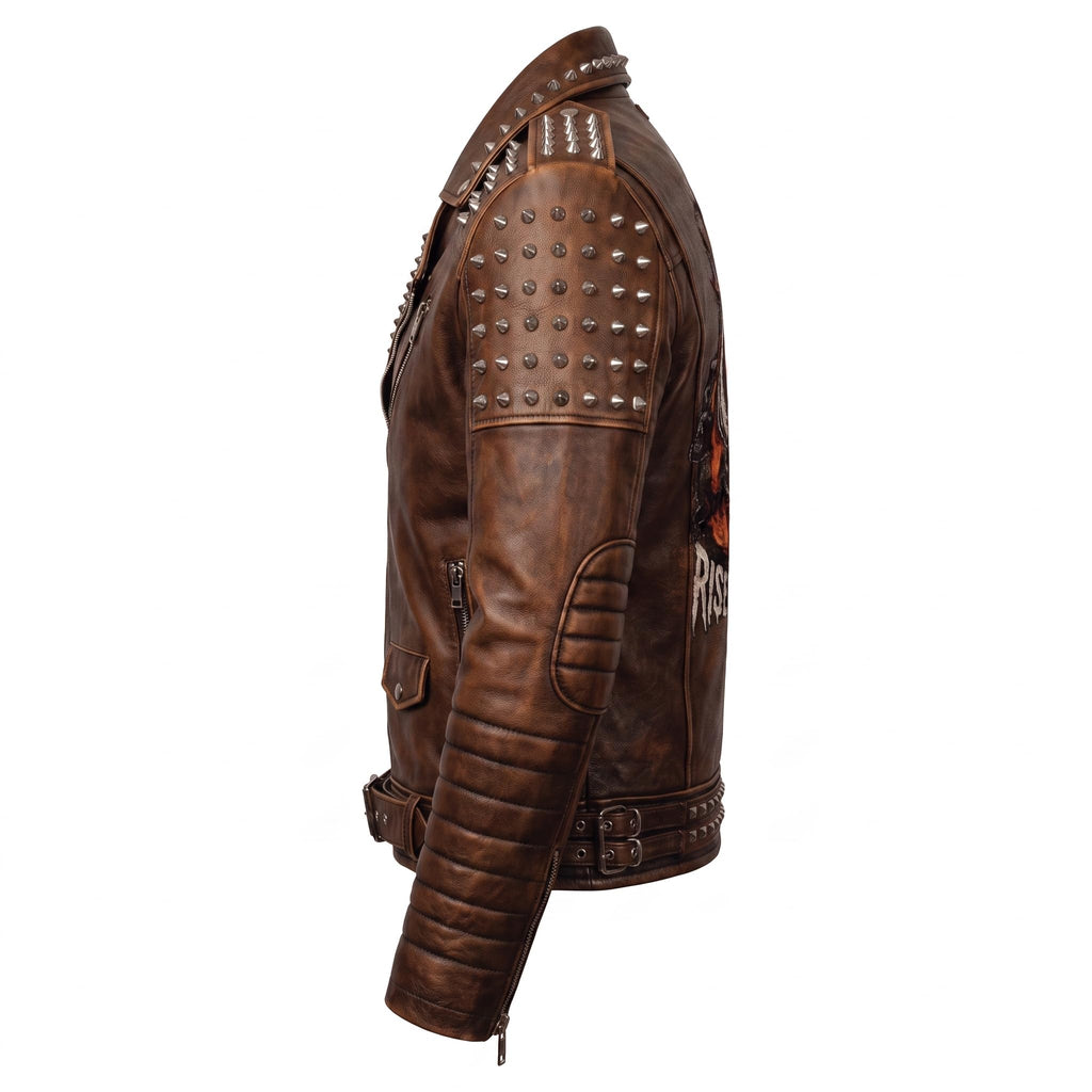 Timber&Hide Handmade Men's Black Leather Studded Biker Jacket | Custom Demon Skull Punk Rock Design