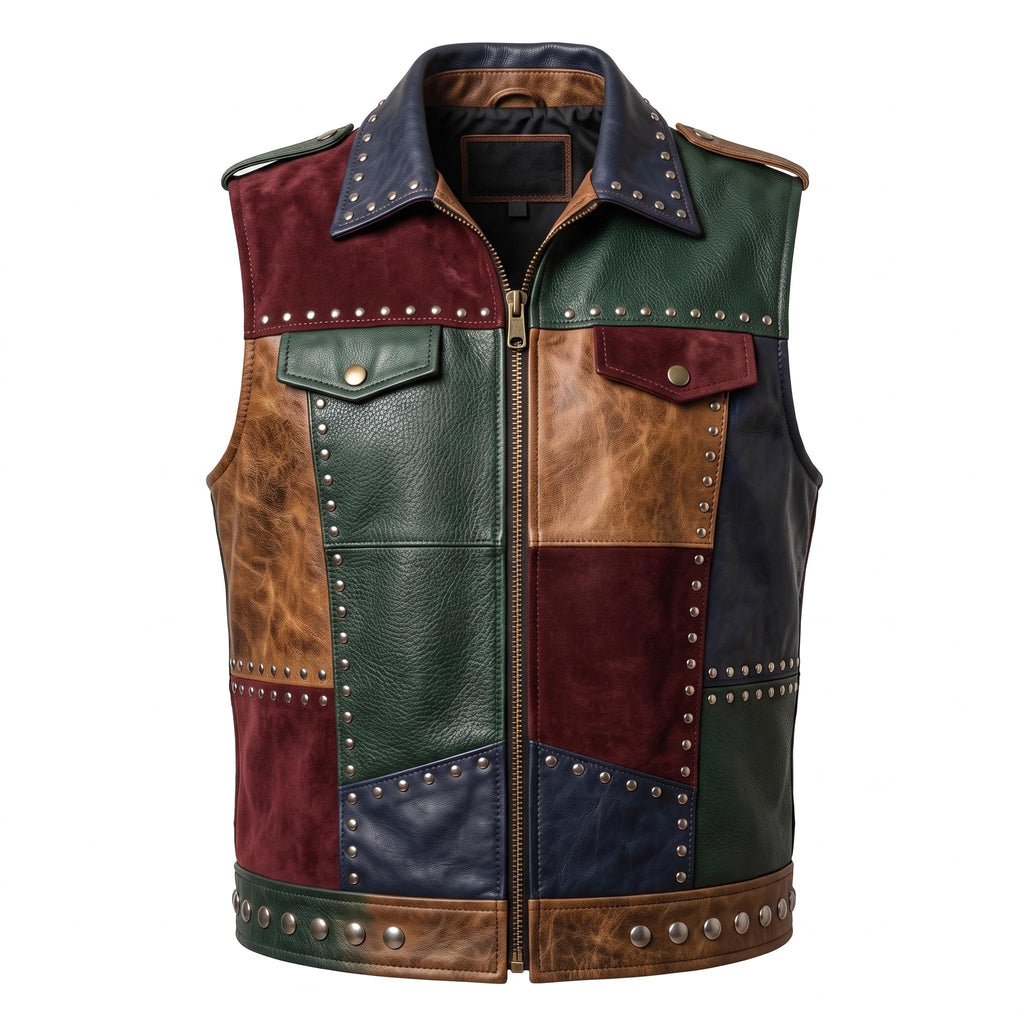 Timber&Hide Men's Patch Leather Vest | Printed Leather Jacket | Handmade Patchwork Leather Vest | Studded Biker Vest