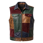 Timber&Hide Men's Patch Leather Vest | Printed Leather Jacket | Handmade Patchwork Leather Vest | Studded Biker Vest