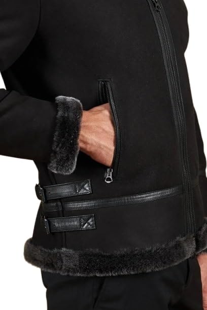 Timber&Hide Peter Black Suede Lamb Shearling Biker Jacket with Buckle Collar – Suede Shearling Jacket