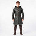 Men's Hooded Leather Assassin Coat: Dark Fantasy Ranger Trench Jacket