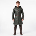 Men's Hooded Leather Assassin Coat: Dark Fantasy Ranger Trench Jacket