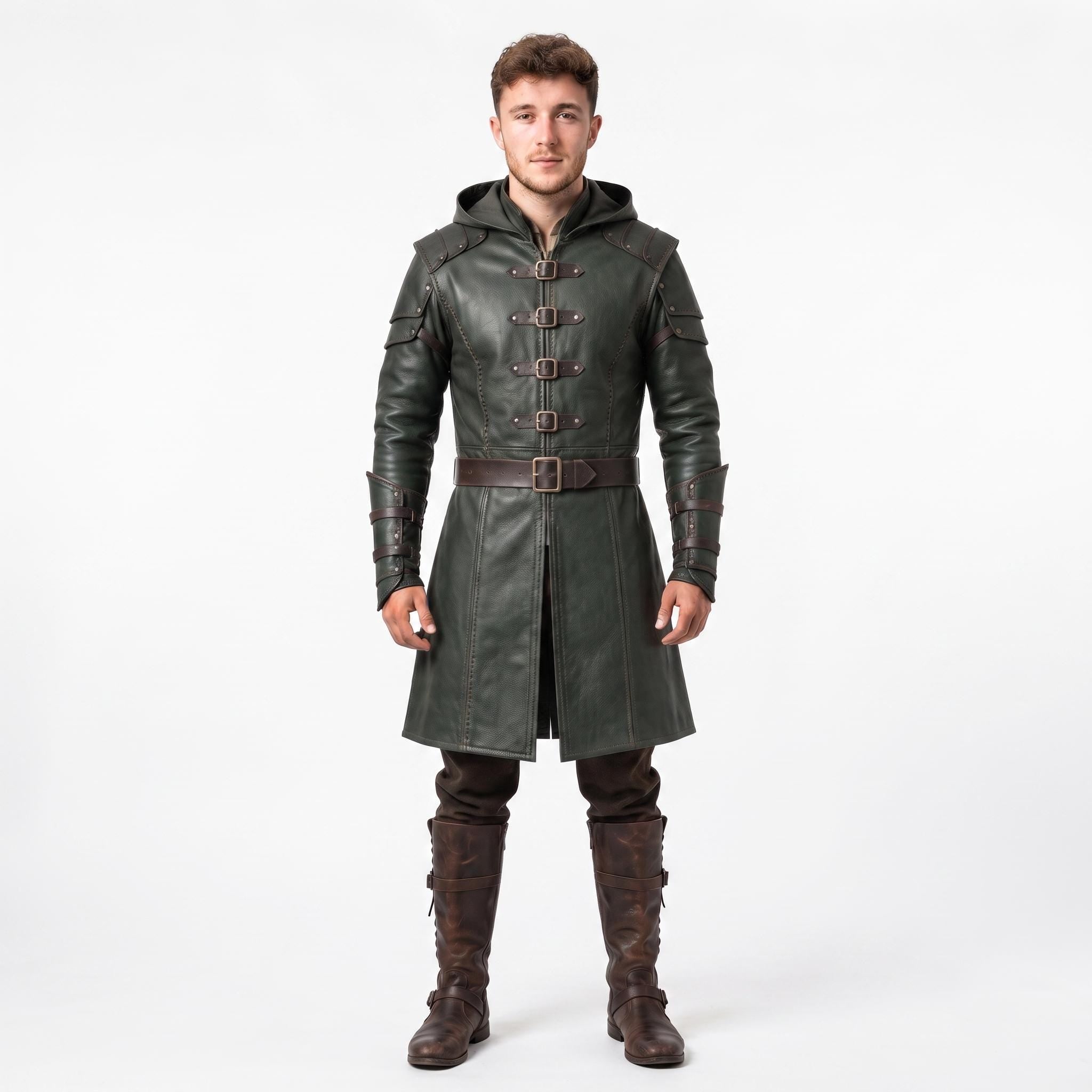 Men's Hooded Leather Assassin Coat: Dark Fantasy Ranger Trench Jacket
