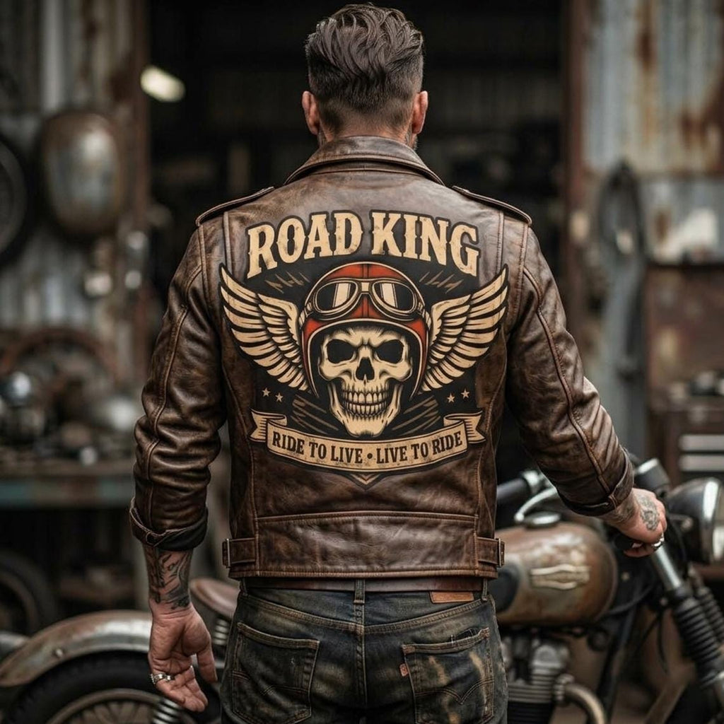 Road King Vintage Leather Jacket - Winged Skull & "Ride to Live" Biker Design