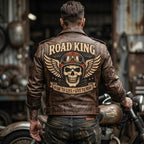 Road King Vintage Leather Jacket - Winged Skull & "Ride to Live" Biker Design