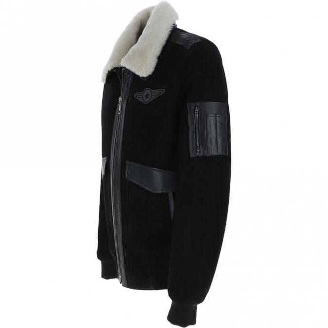 Premium Leather Aviator Jacket with Detachable Collar Black/Cream