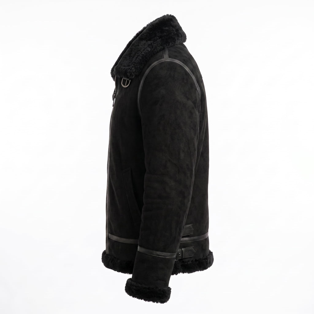 Timber&Hide Black Suede Lamb Shearling Biker Jacket with Buckle Collar – Premium Suede Shearling Jacket