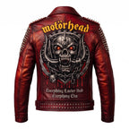 Timber&Hide Men's Crimson red Leather Biker Jacket | Studded Punk Rock Demon Skull Design