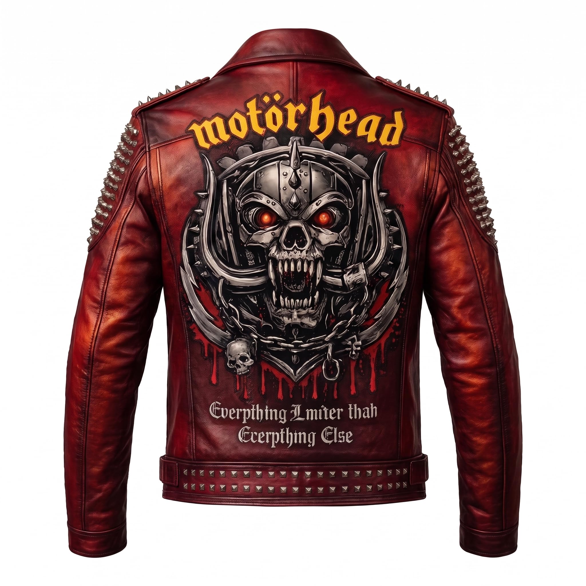 Timber&Hide Men's Crimson red Leather Biker Jacket | Studded Punk Rock Demon Skull Design