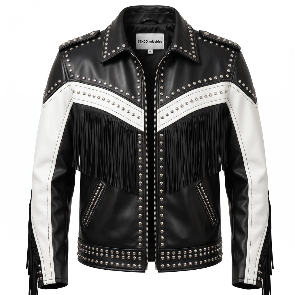 Handmade Western Fringe Leather Jacket: Studded Cowboy Biker Coat