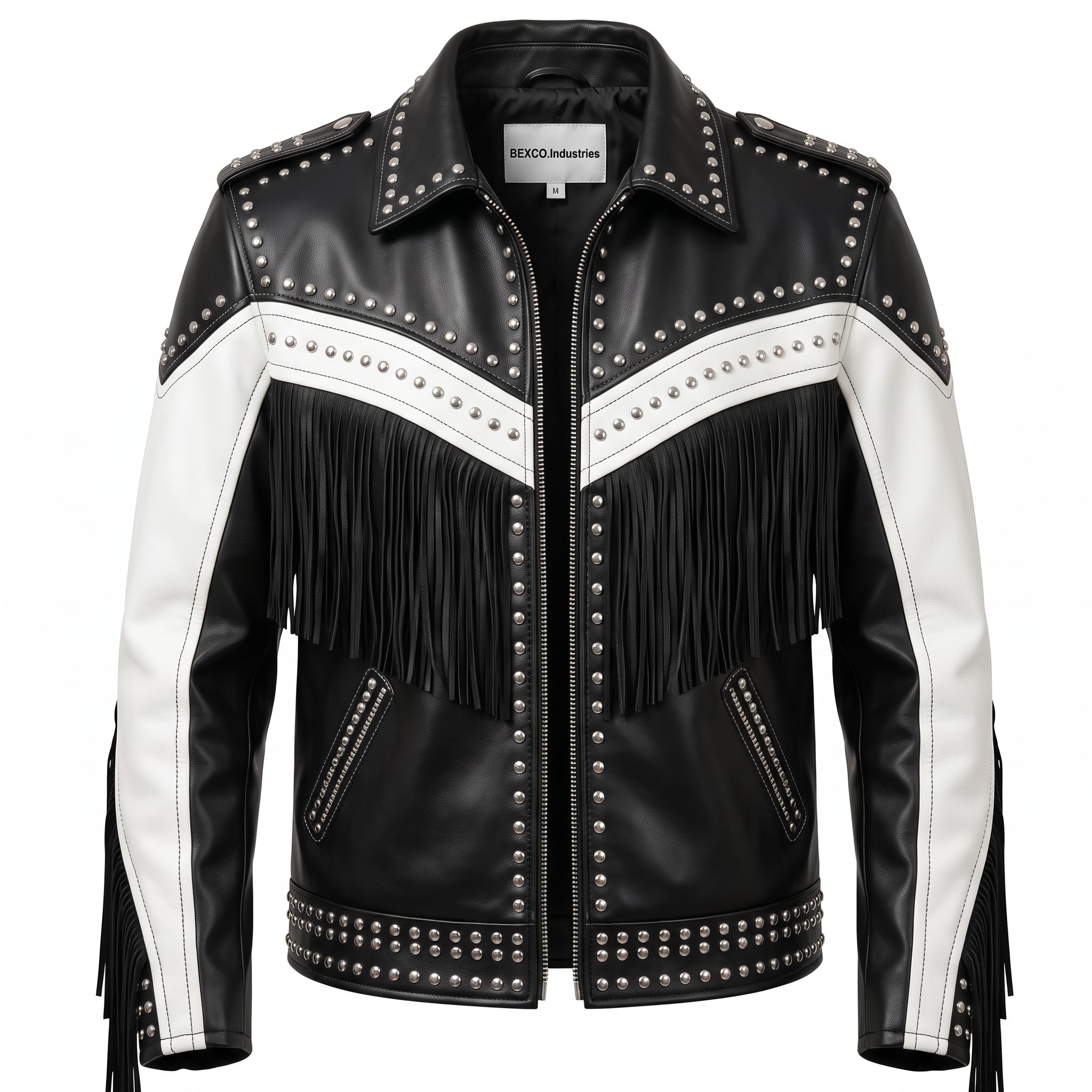 Handmade Western Fringe Leather Jacket: Studded Cowboy Biker Coat