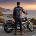 Vintage Royal Blue Leather Biker Jacket | Flaming Skull Back Graphic
