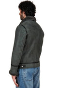 Jasper Grey Shearling Biker Jacket with Cross Zipper – Suede Bomber Jacket