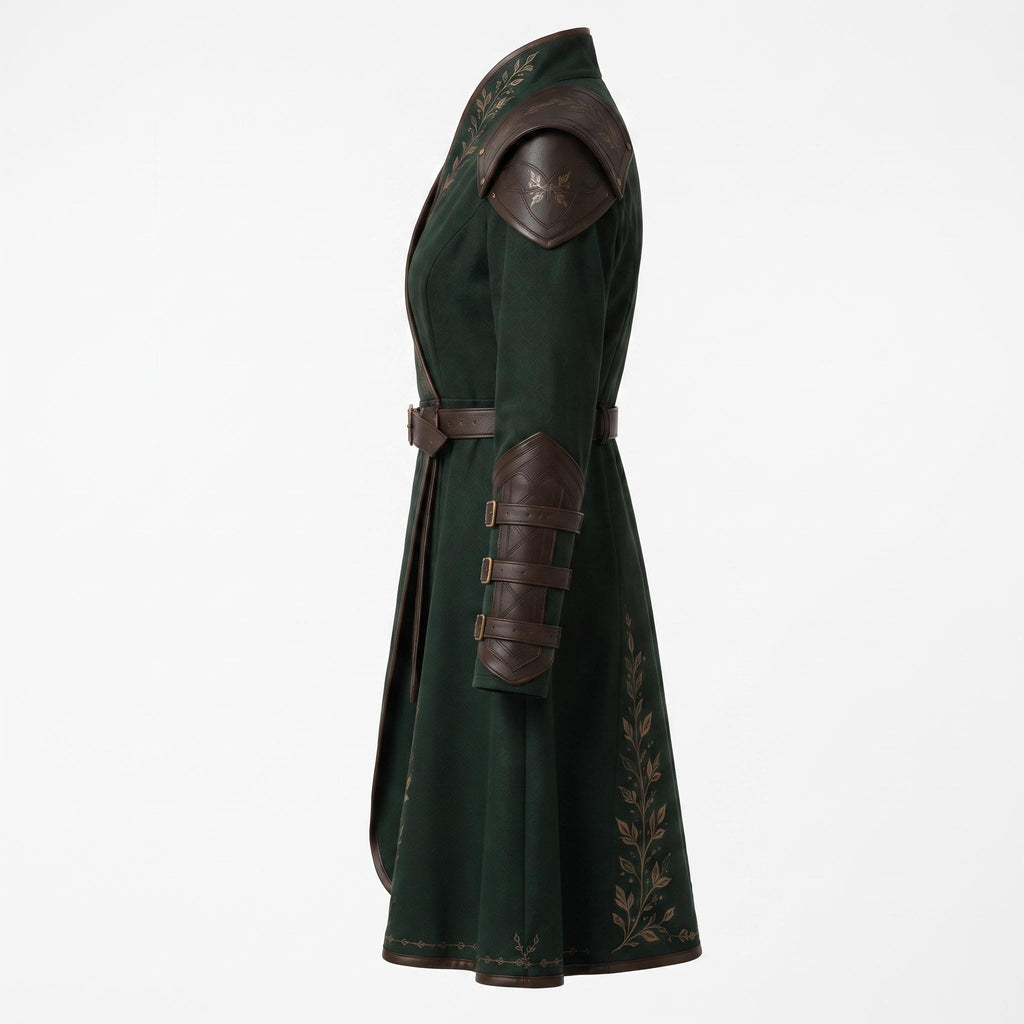Women's Dark Green Elven Ranger Coat with Leather Accents and Embroidery