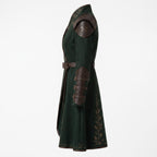 Women's Dark Green Elven Ranger Coat with Leather Accents and Embroidery