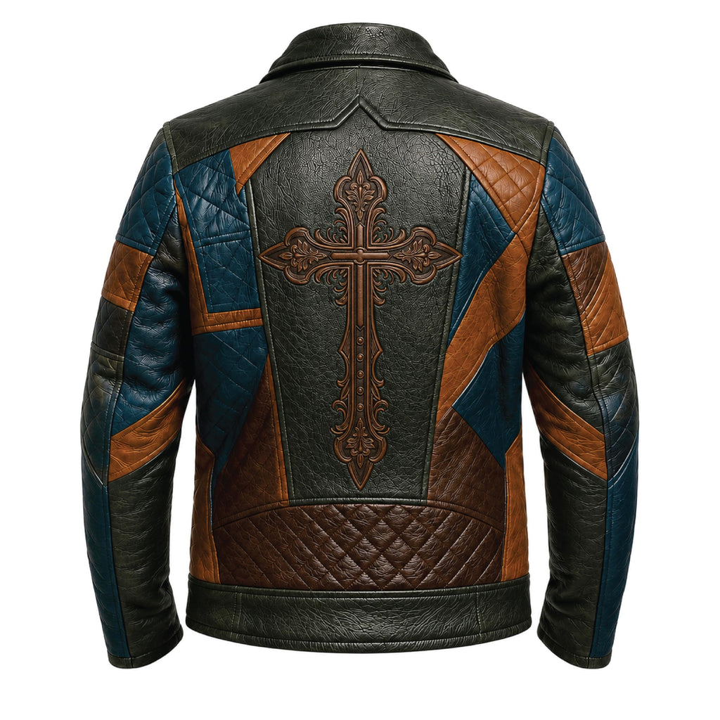 Timber&Hide Men's Patchwork Leather Biker Jacket | Handmade Motorcycle Jacket | Gothic Cross Back Patch | Vintage Cafe Racer Coat | Genuine Leather Jacket