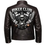 Biker Club V-Twin Engine Leather Jacket - Winged Motor Graphic Cafe Racer - Timber AND Hide