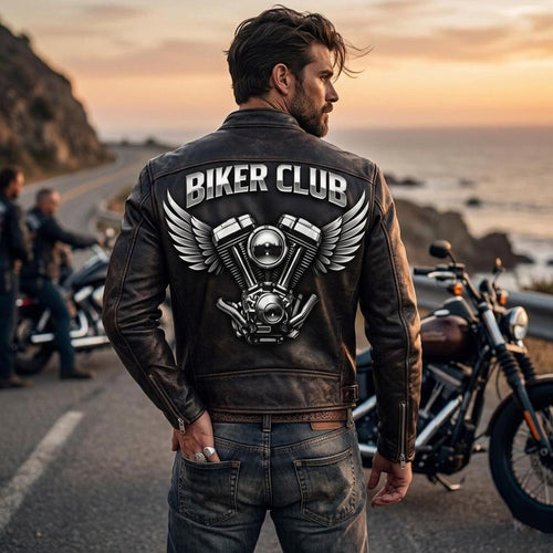 Biker Club V-Twin Engine Leather Jacket - Winged Motor Graphic Cafe Racer - Timber AND Hide