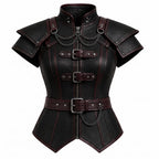 Black Faux Leather Corset Armor | Women's Gothic Burgundy Trim Bodice, Steampunk Warrior Costume Top - Timber AND Hide