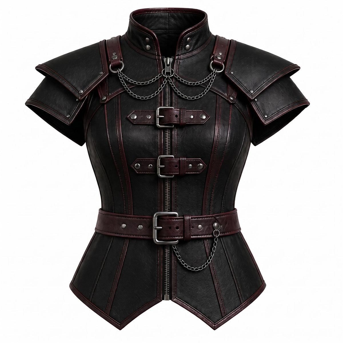 Black Faux Leather Corset Armor | Women's Gothic Burgundy Trim Bodice, Steampunk Warrior Costume Top - Timber AND Hide