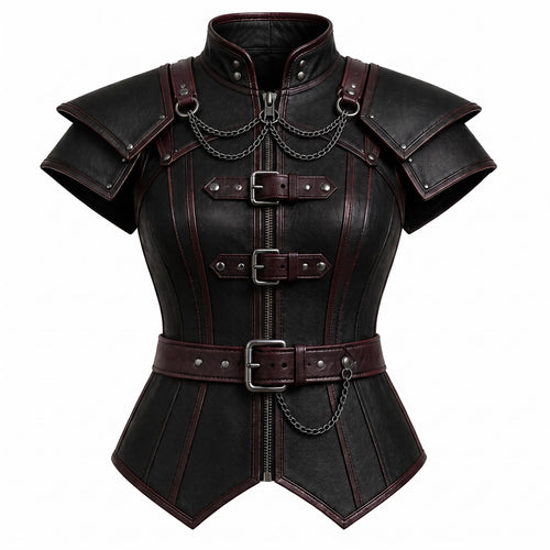 Black Faux Leather Corset Armor | Women's Gothic Burgundy Trim Bodice, Steampunk Warrior Costume Top - Timber AND Hide