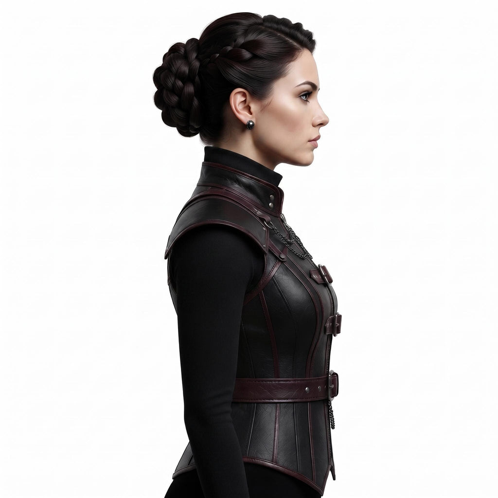 Black Faux Leather Corset Armor | Women's Gothic Burgundy Trim Bodice, Steampunk Warrior Costume Top - Timber AND Hide