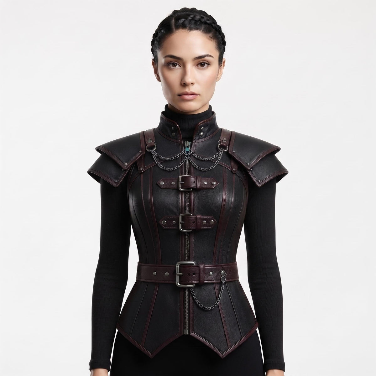 Black Faux Leather Corset Armor | Women's Gothic Burgundy Trim Bodice, Steampunk Warrior Costume Top - Timber AND Hide