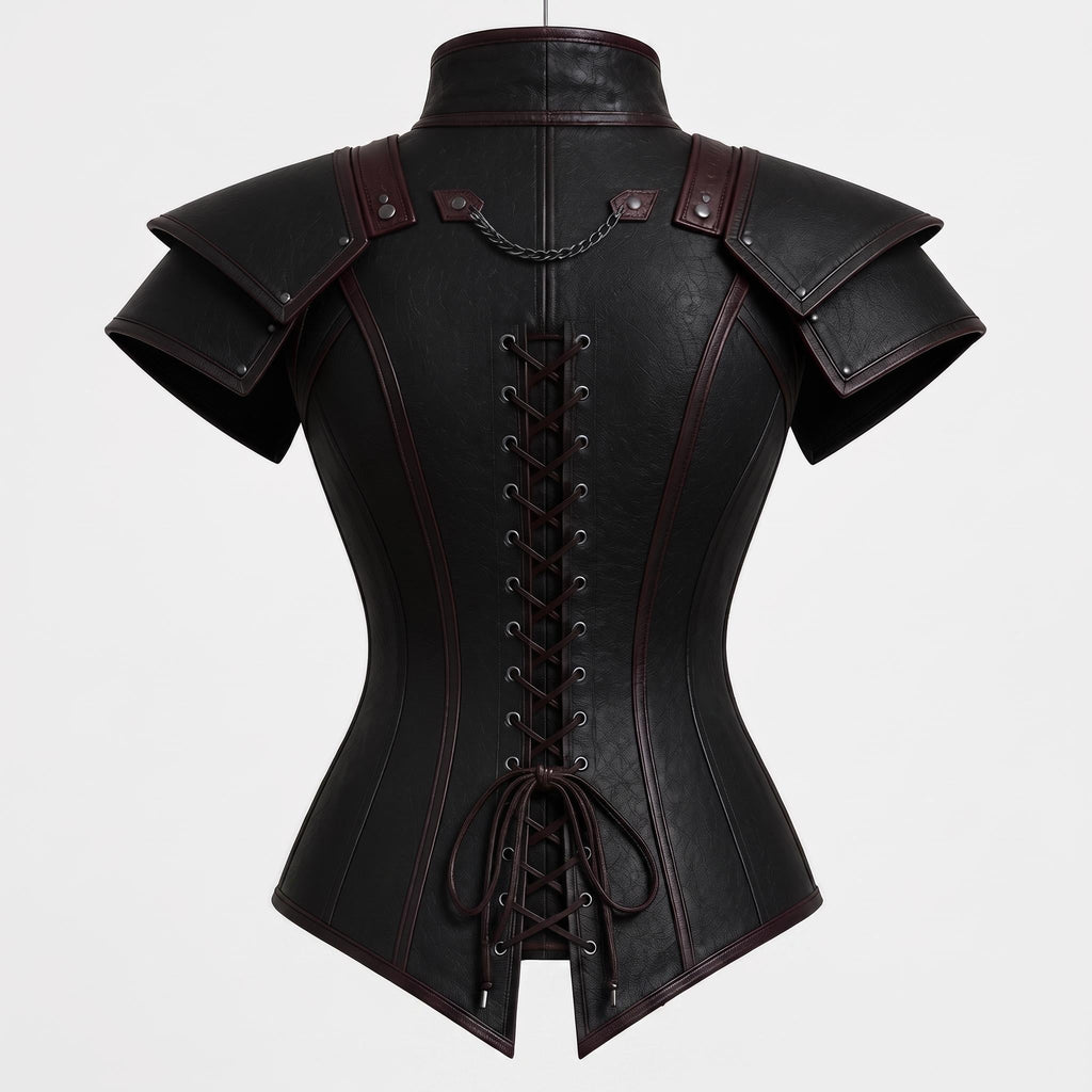 Black Faux Leather Corset Armor | Women's Gothic Burgundy Trim Bodice, Steampunk Warrior Costume Top - Timber AND Hide