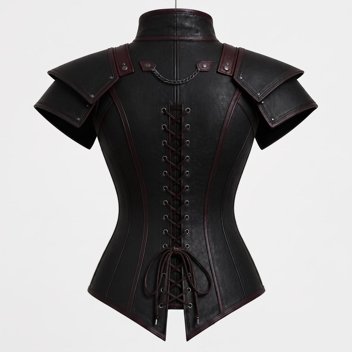 Black Faux Leather Corset Armor | Women's Gothic Burgundy Trim Bodice, Steampunk Warrior Costume Top - Timber AND Hide