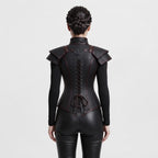 Black Faux Leather Corset Armor | Women's Gothic Burgundy Trim Bodice, Steampunk Warrior Costume Top - Timber AND Hide